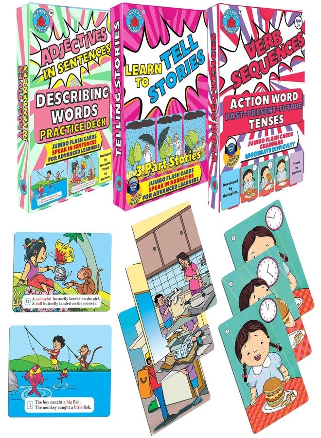 Brainy Bug Resources Narrative and Grammar Flashcards | Adjectives in Sentences, Verb Sequences, 3 Part Story Sequences | Audio-Enabled Flashcards in Tamil, Punjabi, Hindi, Kannada, Telugu, English - Image 1